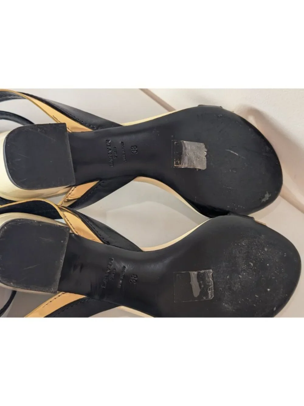 Lanvin Paris Mirror Cube Heel Sandal Black Gold Ivory, EU Size 38